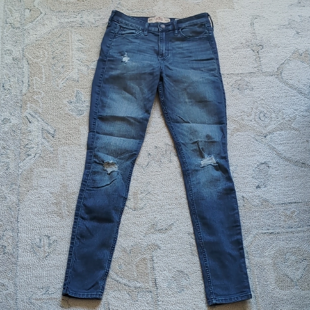 Hollister Women's Distressed Skinny Jeans - Dark Blue